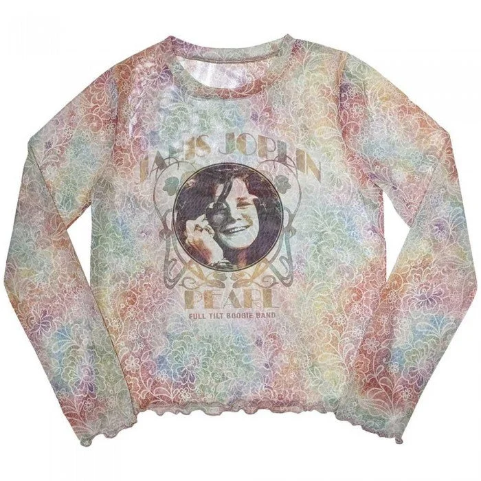 Janis Joplin Womens/Ladies Pearl Mesh Long-Sleeved Crop T-Shirt-- Zippered Buttoned Snapped