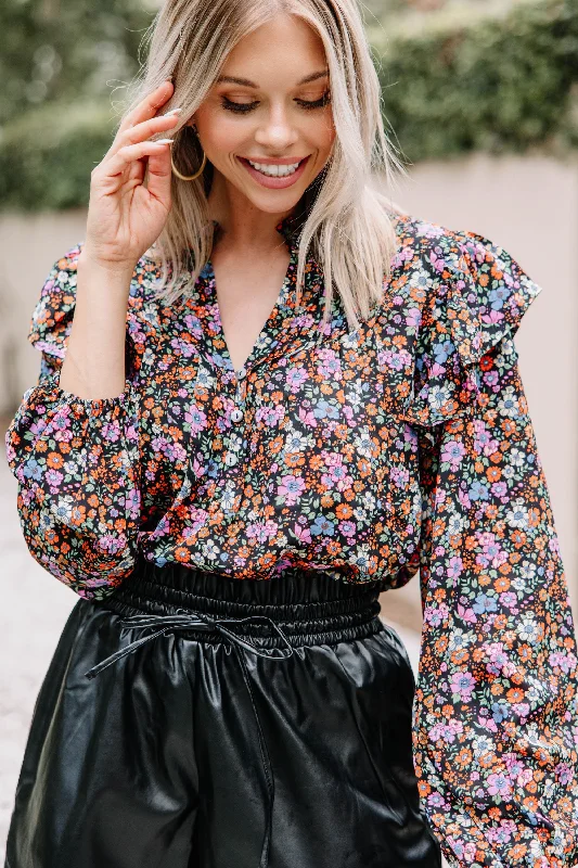 Finding Love Black Ditsy Floral Blouse Silky Draped Blouse