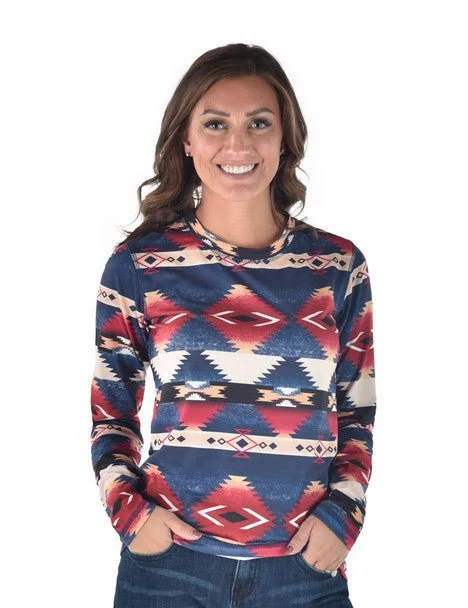 Cowgirl Tuff Womens Western Midweight Red/Blue Poly/Spandex L/S T-Shirt-- Cozy Warm Stylish