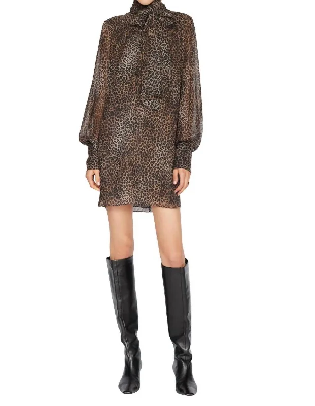 Tie Neck Mini Dress In Leopard Multi Comfortable Ruffle Mini Dress
