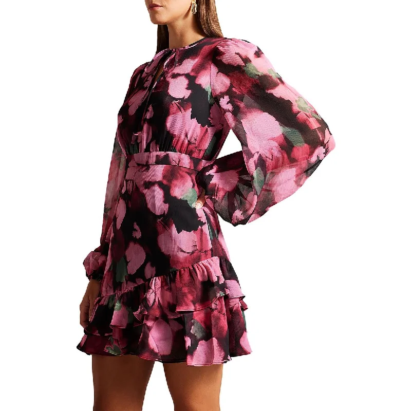 Womens Ruffled Tie Front Mini Dress Classic Floral Mini Dress