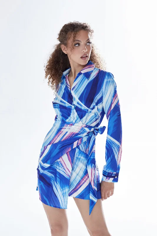 Liquorish Blue Marble Print Wrap Mini Dress Elegant Lace Mini Dress