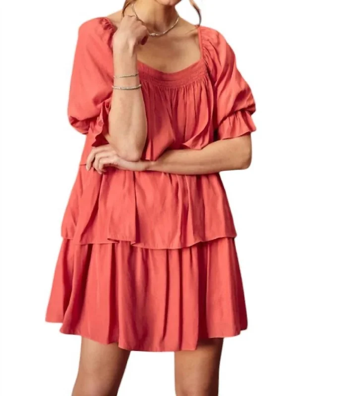 Amy Puff Sleeves Tiered Mini Dress In Clay Cozy Cowl Neck Mini Dress