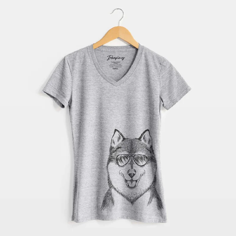 Aviator Koda the Siberian Husky - Women's V-neck Shirt-- Ribbed Striped Patterned