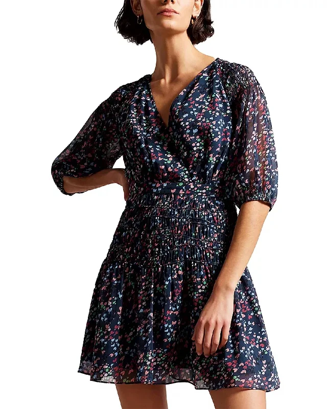 Casidee Heart Print Puff Sleeve Chiffon Mini Dress In Multi Comfortable Zip-Up Mini Dress