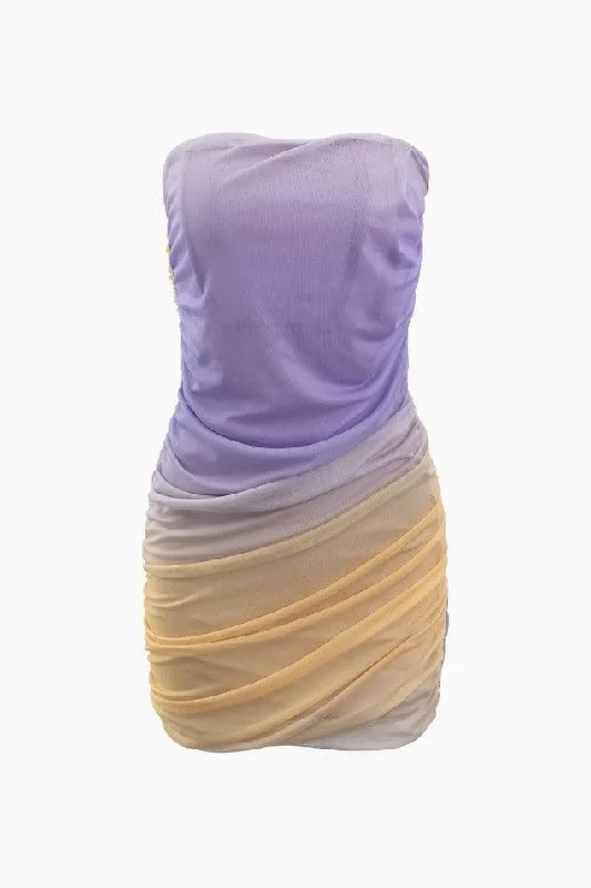 Color Block Mesh Ruched Strapless Mini Dress Comfortable Shift Mini Dress