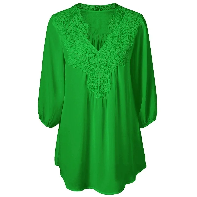 V Neck Three Quarter Sleeve Lace Patchwork Chiffon Blouse 9849 Double-Layered Blouse