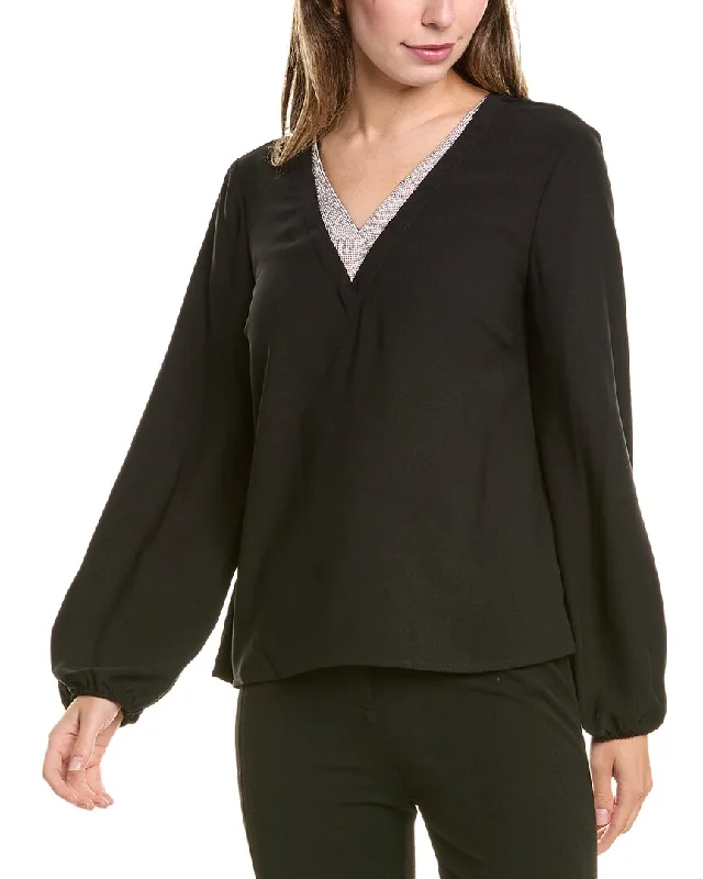 Vince Camuto Rhinestone V-Neck Blouse Sheer Sleeve Blouse