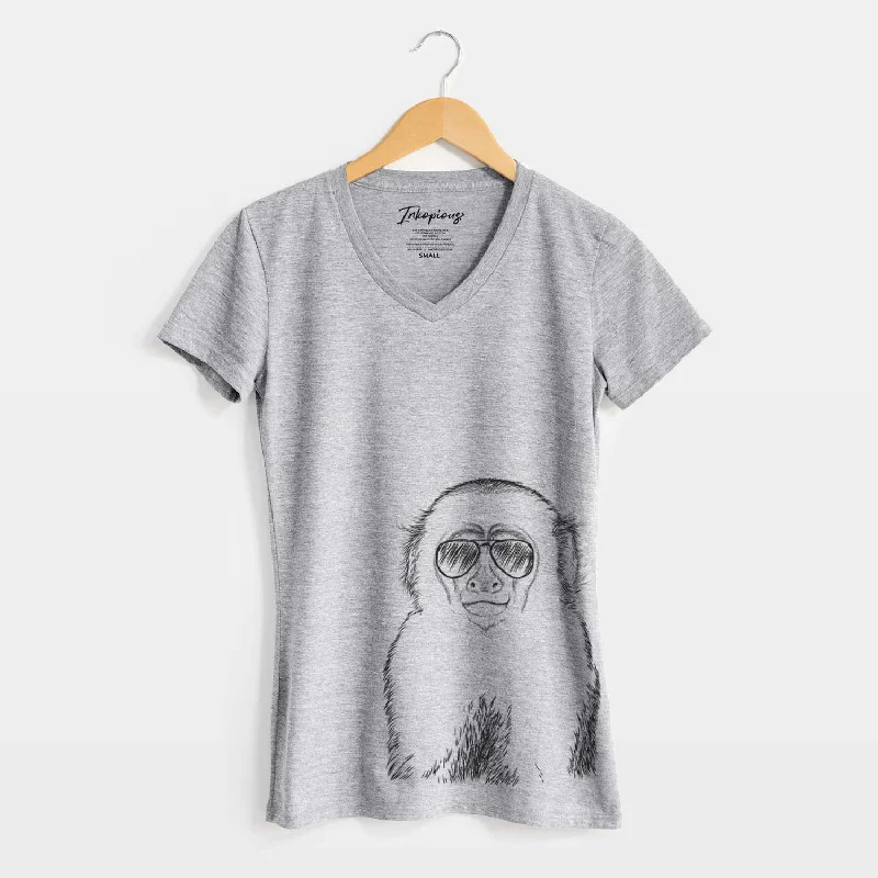 Aviator Marcel the Capuchin Monkey - Women's V-neck Shirt-- Jersey Fabric Tulle Fabric Batik Fabric
