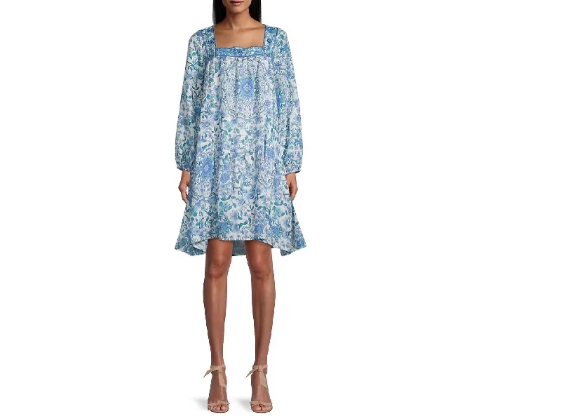 Leilani Floral Mini Dress In Blue/white Stylish Puff Sleeve Mini Dress