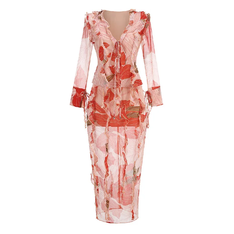 Tropical Leaf Tie Front Chiffon Blouse High Rise Ruffle Skirt Matching Set Airy Cotton Blouse