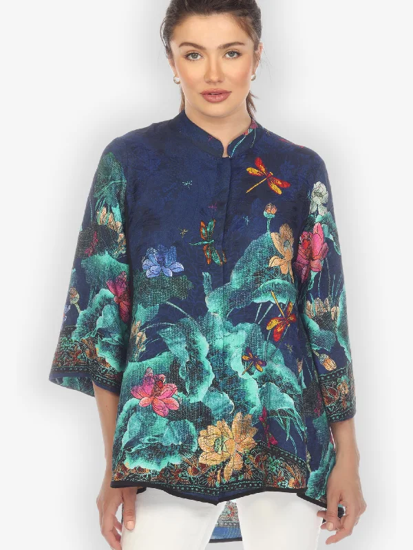 Dragonfly Lotus Turquoise Tummy Tuck Blouse Embroidered Cotton Blouse