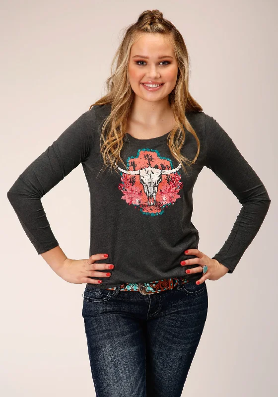 Roper Womens Longhorn Skull Grey Poly/Rayon L/S T-Shirt-- Cozy Warm Stylish
