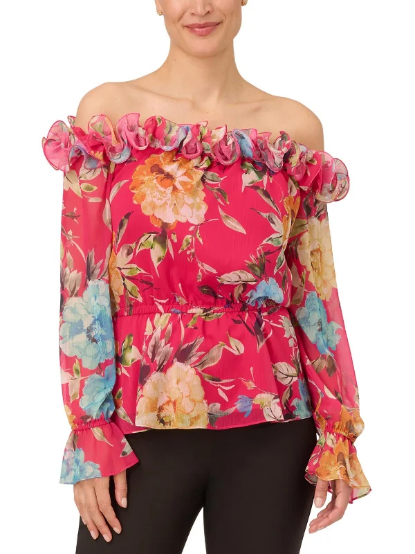 Womens Ruffled Polyester Blouse Elegant Silk Blouse
