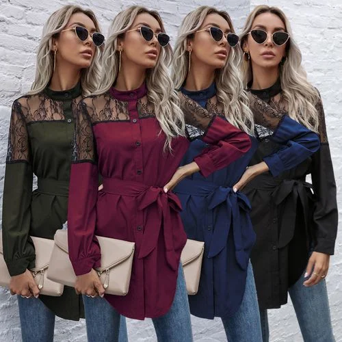 Lace Mesh Spring Slim Straight Casual Women Blouses Delicate Bow Blouse