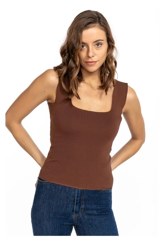 Women's Brown Square Collar Strap Knitwear Blouse Athlete Delicate Pleat Blouse