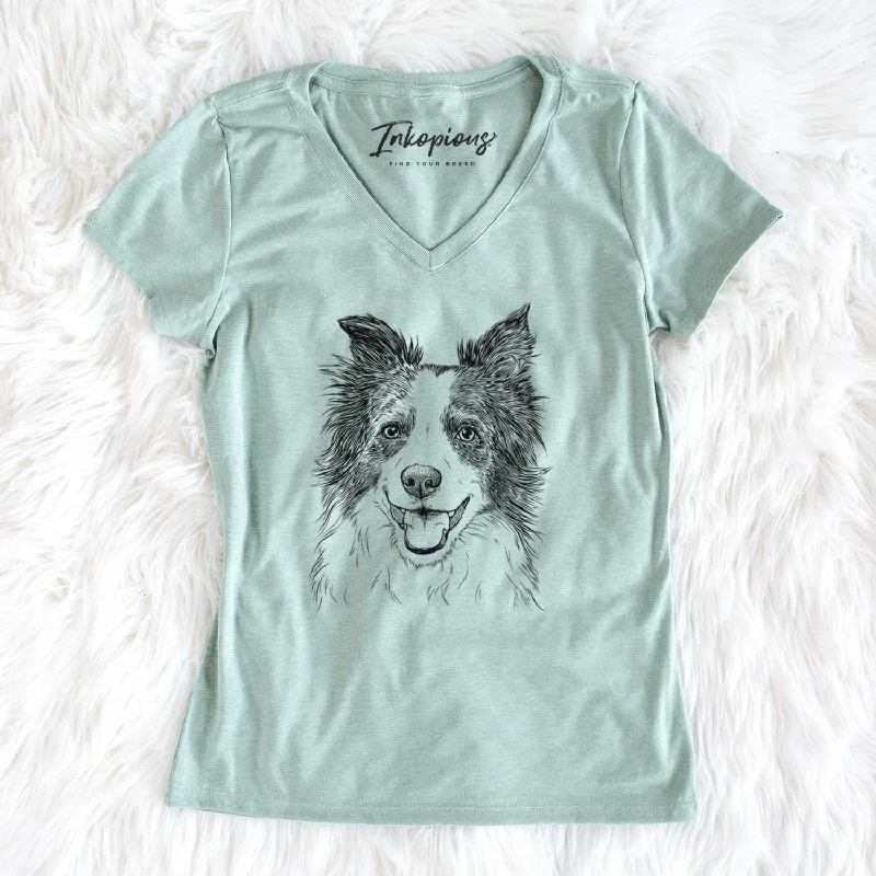 Bare Kylee the Border Collie - Women's V-neck Shirt-- Spandex Blend Rayon Blend Denim Blend