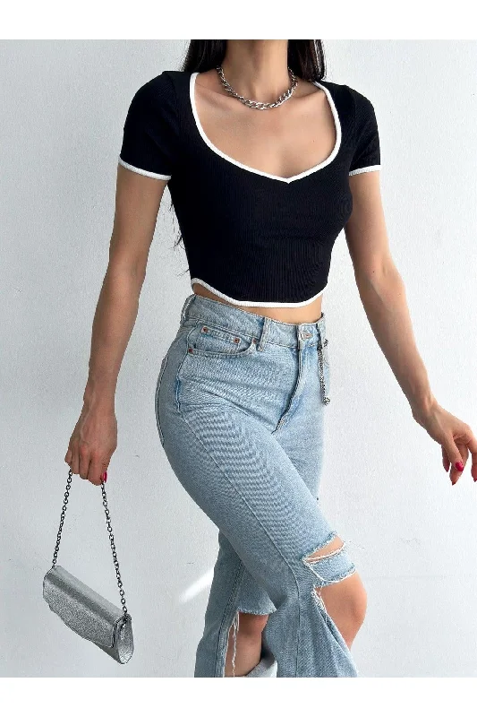 Women's Black Heart Collar Short Sleeve Ribbed Crop Blouse Textured Cotton Blouse