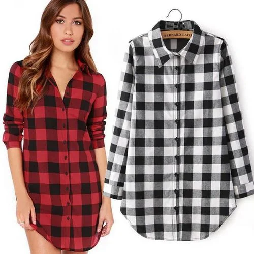 Leisure Plaid Spring Slim Joker Medium and Long Women Blouses Cotton Casual Blouse