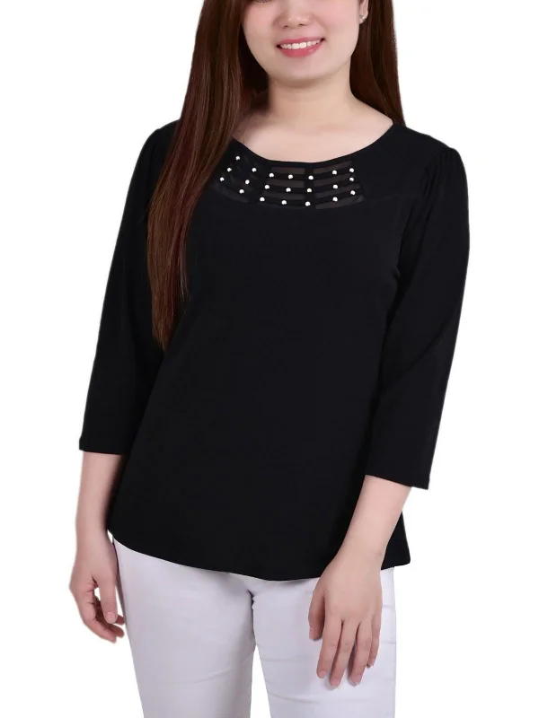 Womens Crepe Mesh Inset Blouse Puff Sleeve Blouse