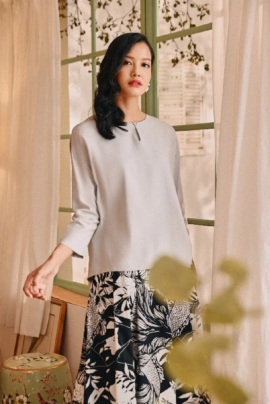 The Lembah Women Suria Blouse - Light Grey Chic Wrap Blouse