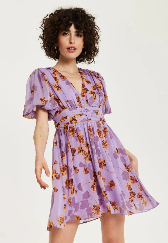Liquorish Purple Floral V Neck Mini Dress Fashionable Lace-Trim Mini Dress