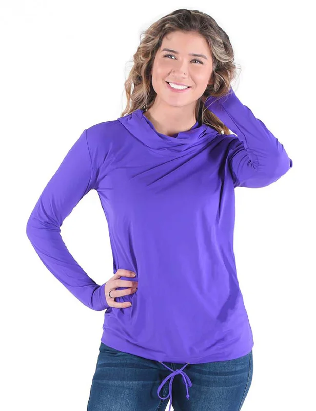 Cowgirl Tuff Womens Breathe Cowl Neck Purple Nylon L/S T-Shirt-- Lace Blend Ribbed Blend Corduroy Blend