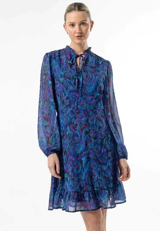 Angeleye Tie Neck Chiffon Mini Dress In Blue Paisley Print Trendy Button-Detail Mini Dress