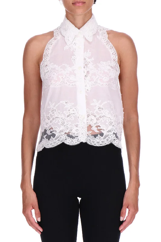 Sleeveless Embroidered Blouse Stretchy Fitted Blouse