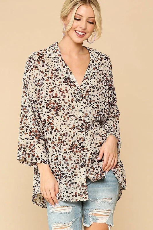 Animal Print Button Down Lapel Collar Shirt With Chest Pocket-- Collared Crew Neck Turtle Neck