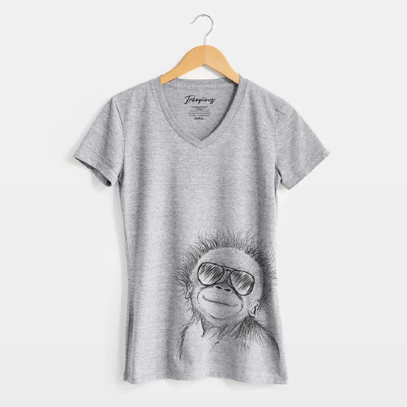 Aviator Louie the Baby Orangutan - Women's V-neck Shirt-- Houndstooth Herringbone Solid