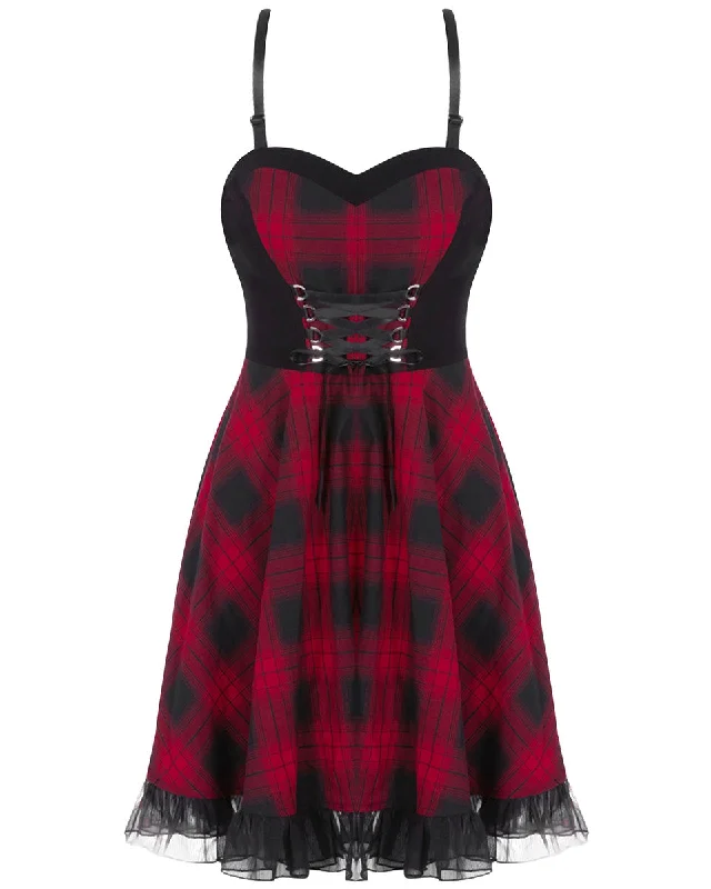 Punk Rave Anarchine Womens Punk Mini Dress - Red & Black Plaid Cozy Cowl Neck Mini Dress