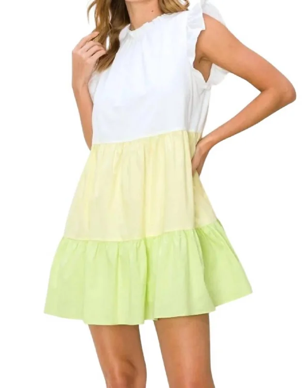 Bailey Tiered High-Neck Sleeveless Mini Dress In White Multi Comfortable Zip-Up Mini Dress