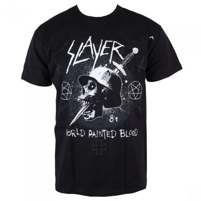 Slayer Womens/Ladies World Painted Blood Skull T-Shirt-- Collared T-Shirt Boat Neck A-Line