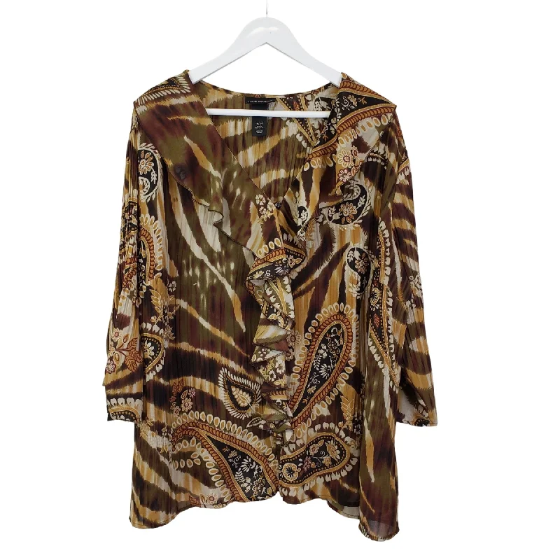 Lane Bryant Pleated Paisley Mixed Print Blouse Size 18/20 Satin Bow Blouse