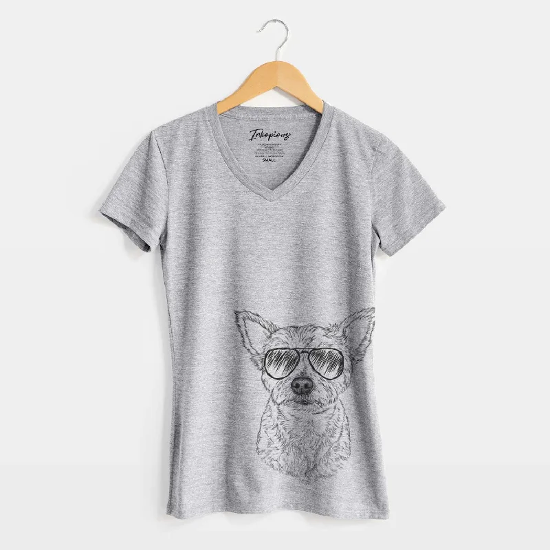 Aviator Mango the Yorker Cairn Terrier Mix - Women's V-neck Shirt-- Solid Print Embellished