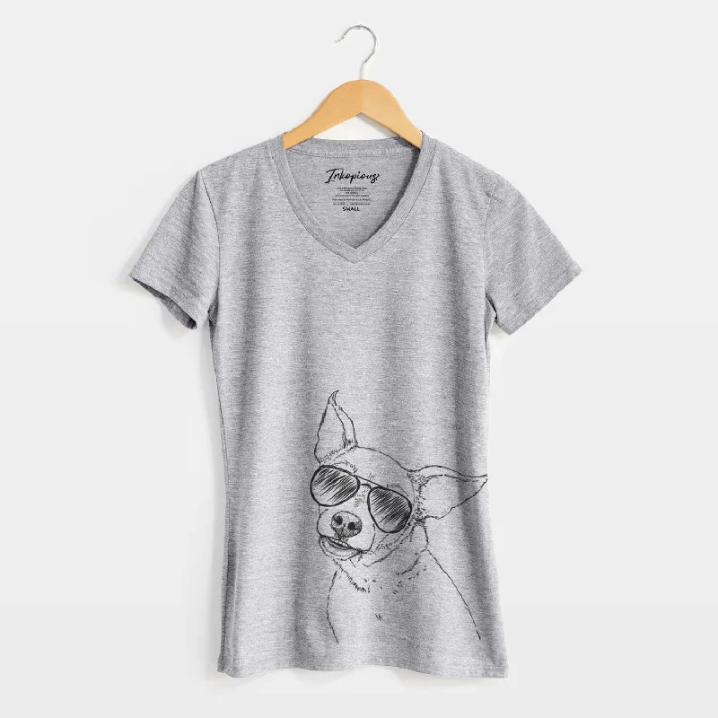 Aviator Lola the Chiweenie - Women's V-neck Shirt-- V-Neck T-Shirt Long Sleeve Cotton