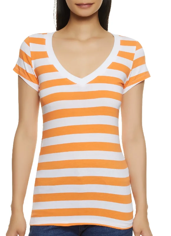 Striped Pattern V Neck T Shirt-- Fleece Fabric Down Fabric Feather Fabric