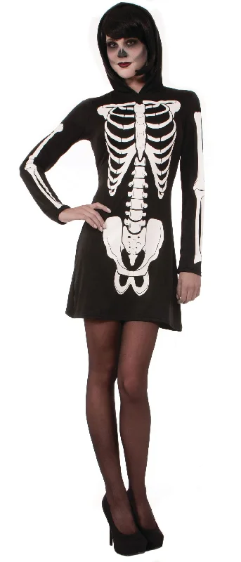 Womens Skeleton Mini Dress Hooded Adult Costume Female Halloween Stylish Puff Sleeve Mini Dress