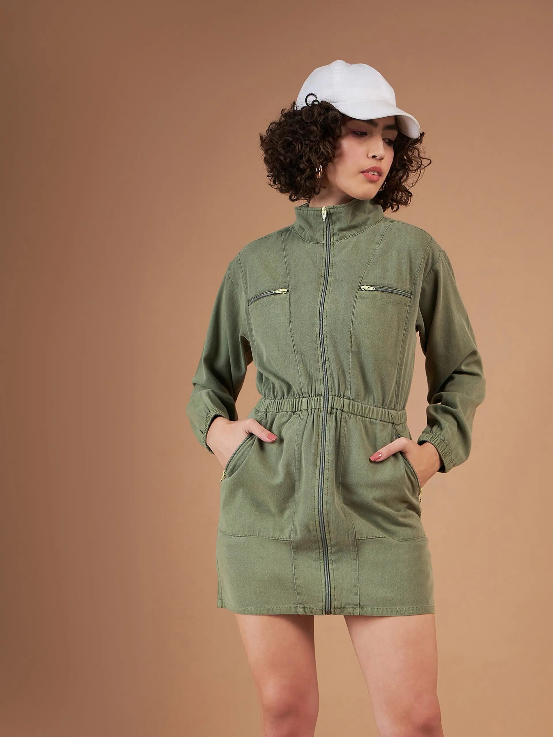 Women Olive Twill Front Zipper Mini Dress Elegant Floral-Print Mini Dress