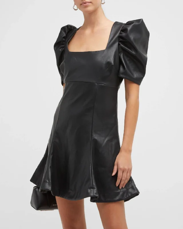 Alia Faux-Leather Puff-Sleeve Mini Dress In Black Modern Satin Mini Dress