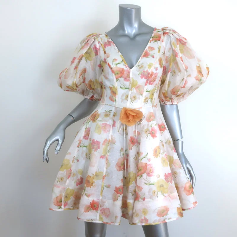 Zimmermann Tranquility Flip Puff Sleeve Mini Dress Cream Floral Print Size 0 Modern Satin Mini Dress