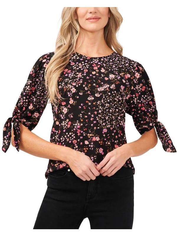 Womens Dressy Floral Print Blouse Satin Bow Blouse