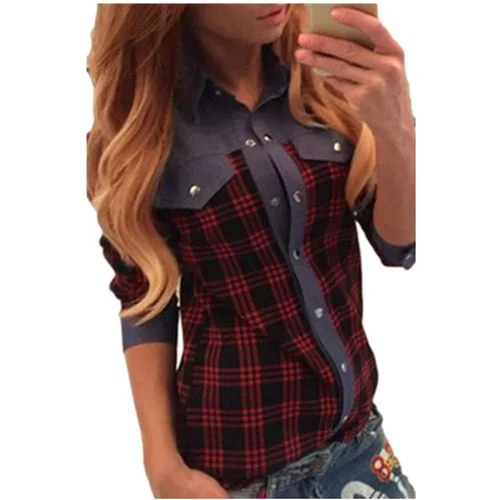 Denim Stitching Plaid Spring Slim Casual Women Blouses Chic Off-Shoulder Blouse
