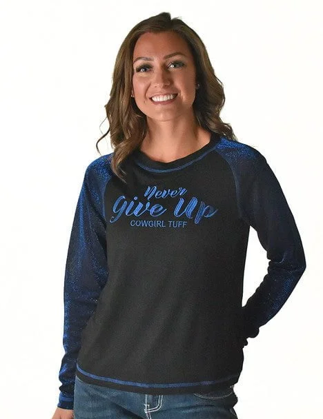 Cowgirl Tuff Womens Never Give Up Shimmer Blue Nylon L/S T-Shirt-- Striped Floral Plaid