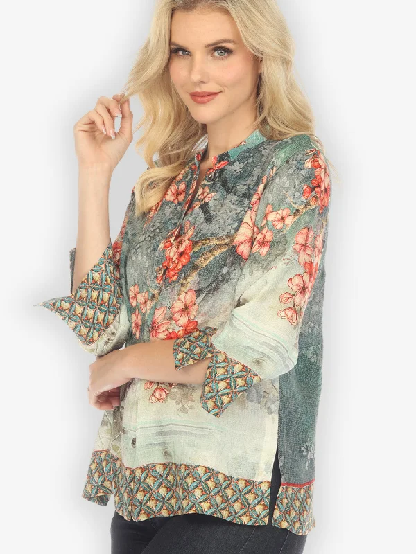 Summer Blossom Silk Blend Classic Blouse Frilled Cuff Blouse