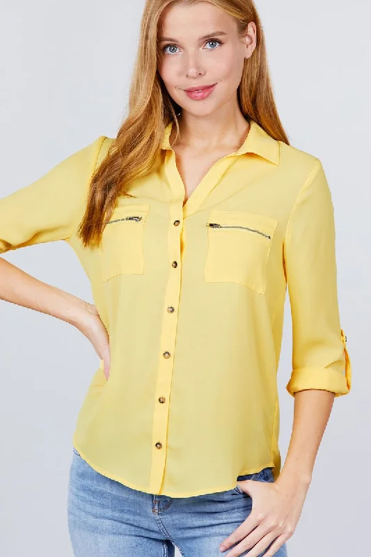3/4 Roll Up Sleeve Pocket W/zipper Detail Woven Blouse Elegant Semi-Sheer Blouse