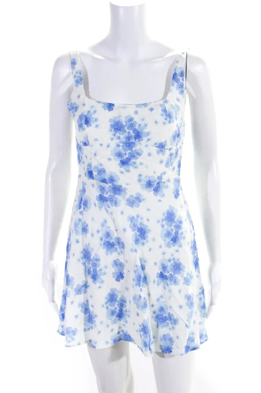 Rixo Womens Floral Print Round Neck Sleeveless Zip Up Mini Dress White Fashionable Lace Mini Dress