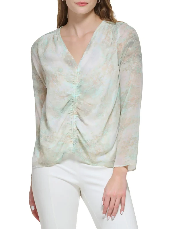Womens Ruched V-Neck Blouse Satin Long Blouse