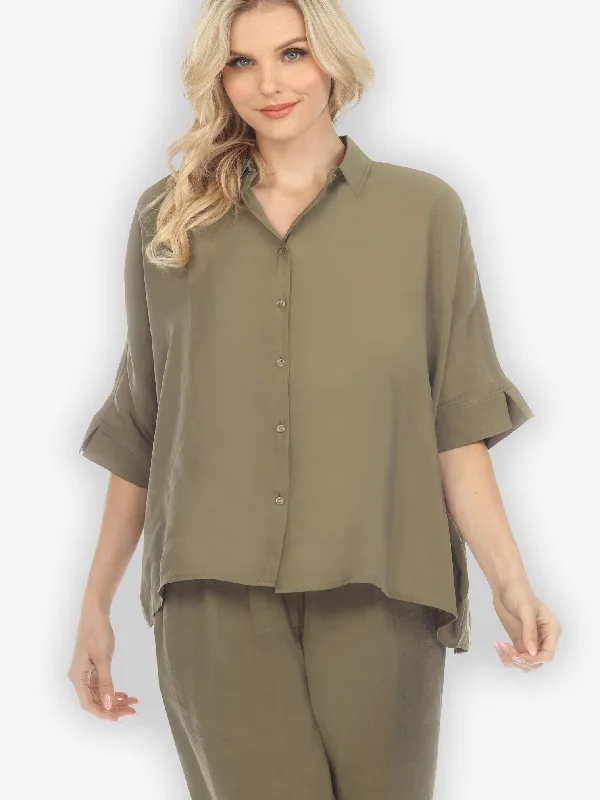 Solid Khaki Rayon Oversized Blouse Short Sleeve Blouse